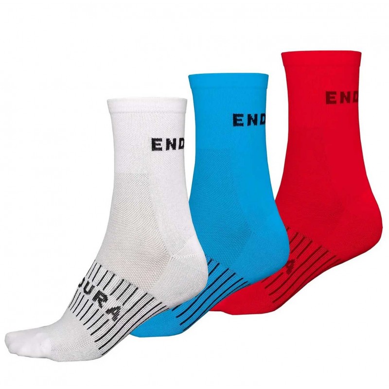Endura CoolMax Race Socks (Triple Pack) White , Ocean Blue & Red